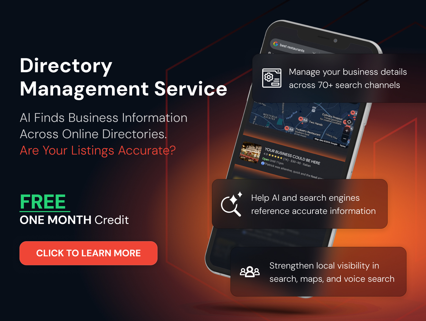 Directory Management Service promotion offering one free month of credit. Manage business listings across 70+ search channels to improve local SEO and AI visibility.