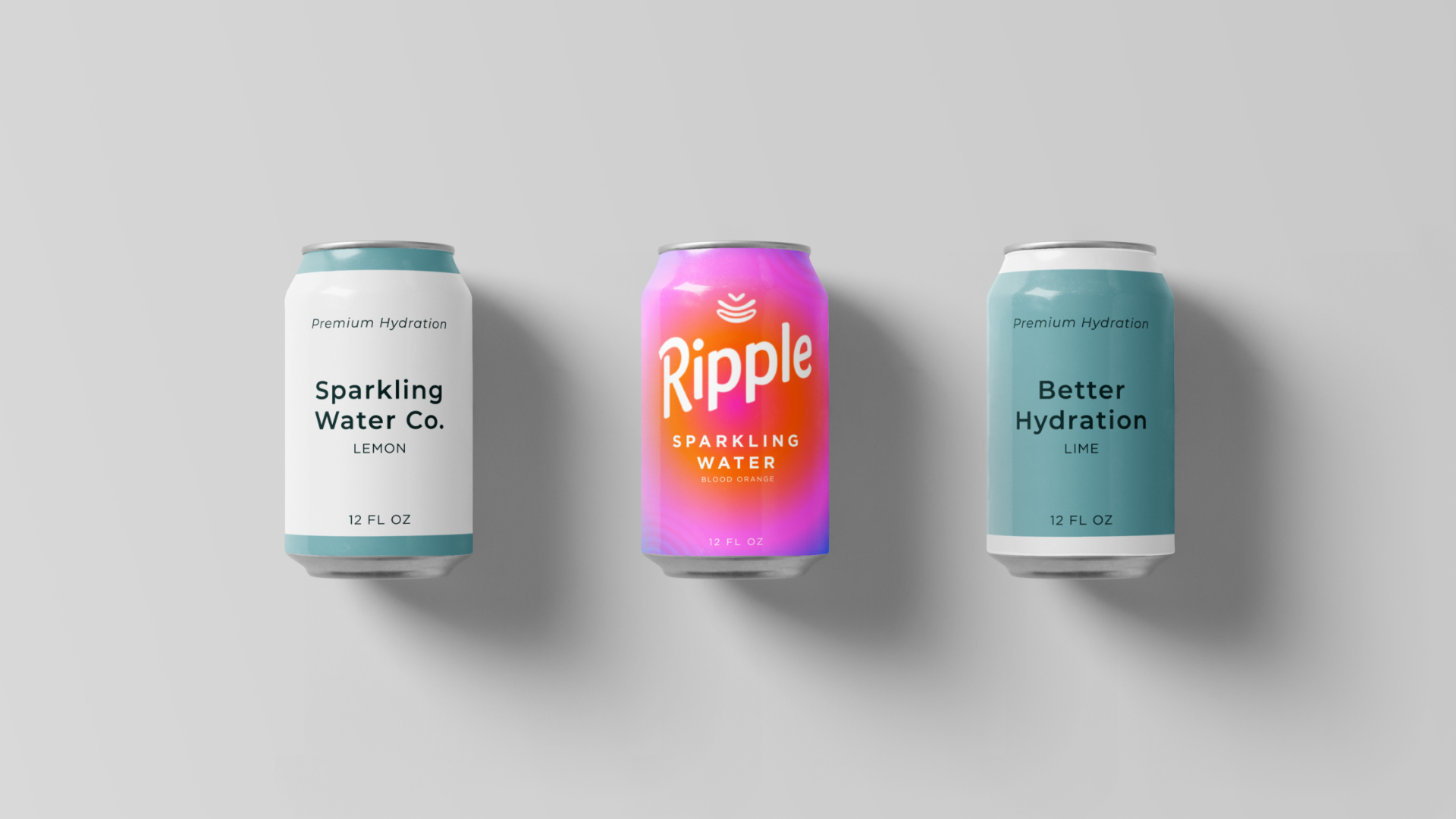 Three sparkling water cans with generic packaging on the sides and a colorful Ripple brand can in the center illustrating how strong branding stands out.