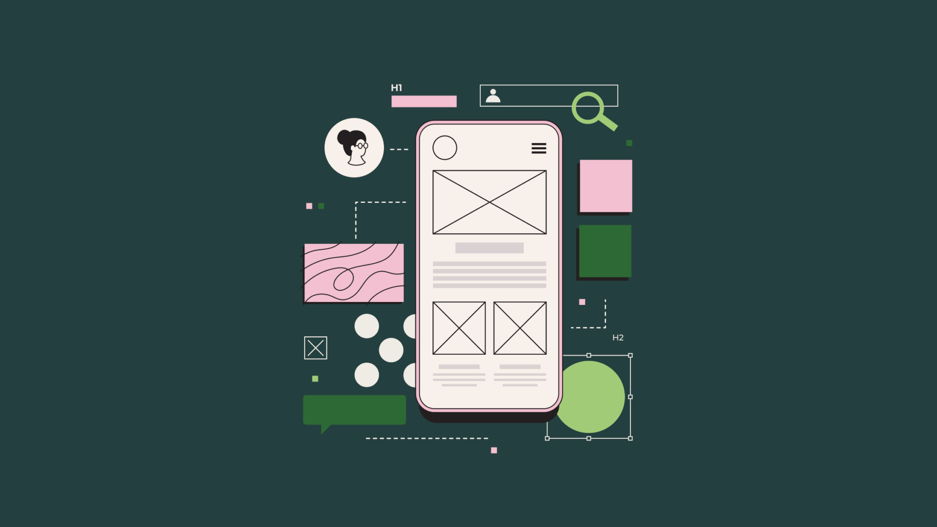 Modern mobile user interface design with branding elements and layout components representing UX/UI trends