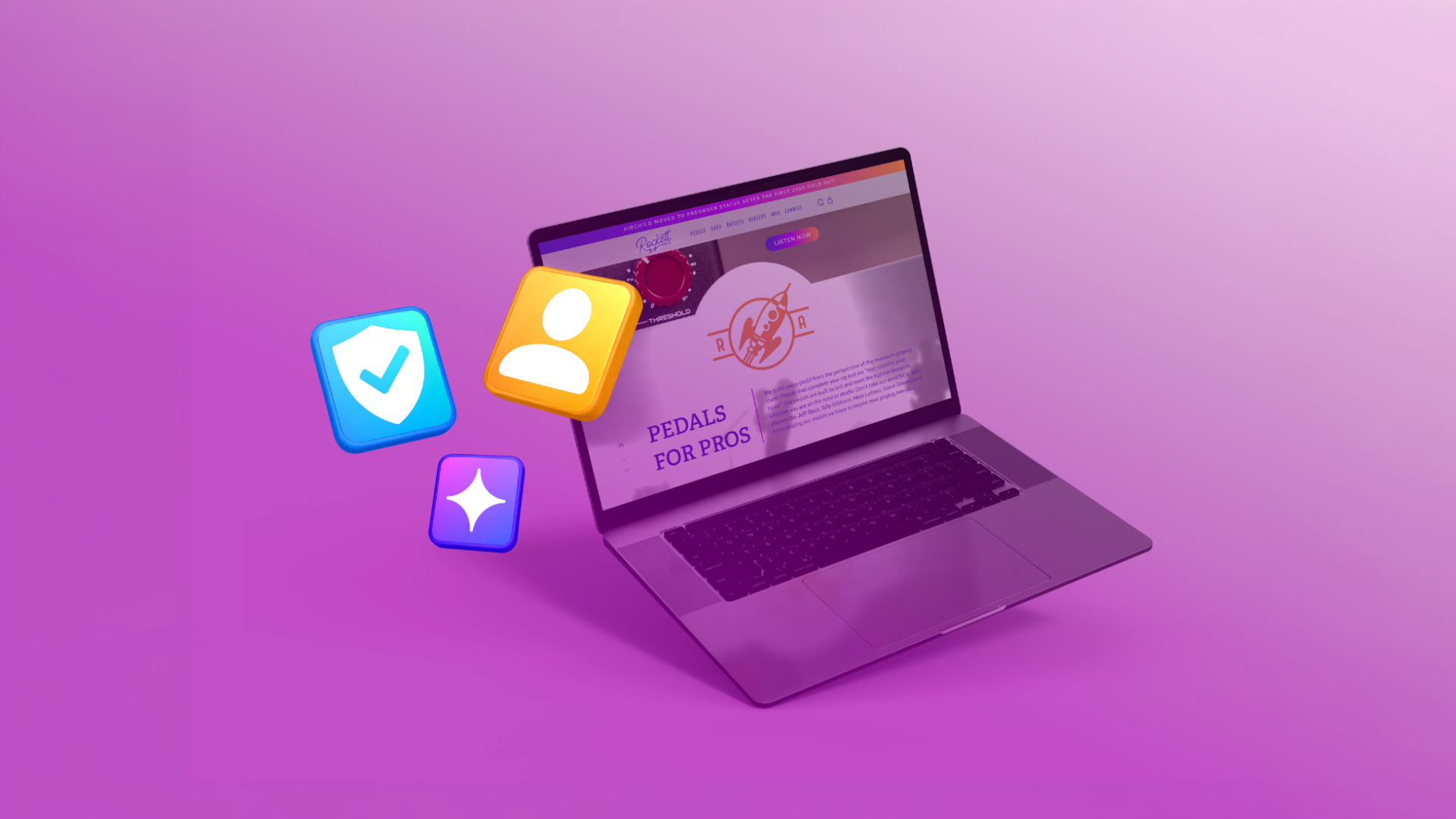 Laptop displaying a branded website with icons representing customer trust, credibility, and AI search visibility