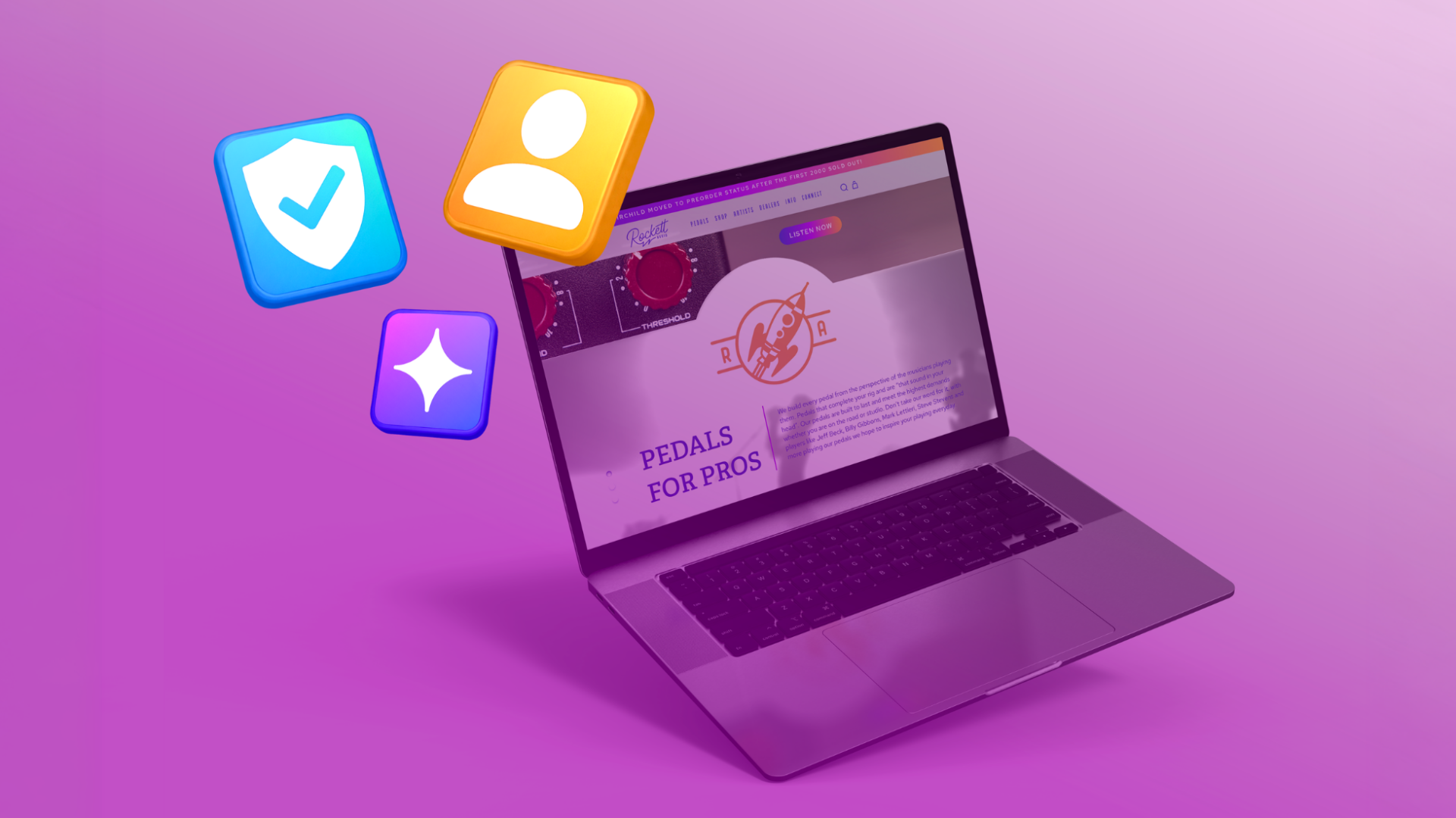 Laptop displaying a branded website with icons representing customer trust, credibility, and AI search visibility